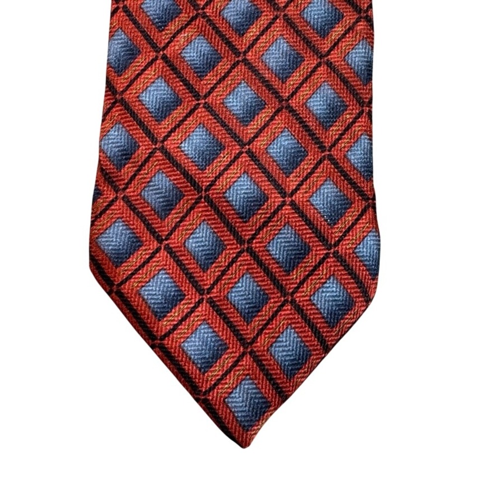 Zanzara Mens Silk Necktie Red Blue Geometric Diamond Pattern Hand Made Korea